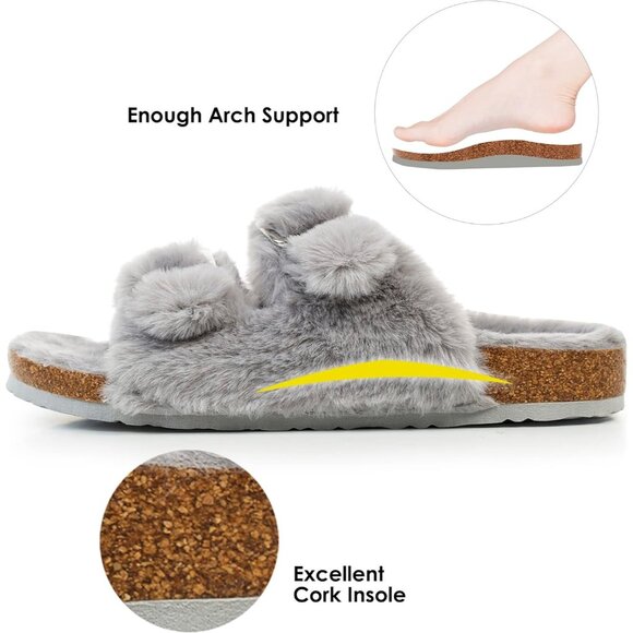 Women's Gray Cozy Lining Faux Rabbit Fur Cork Open Slipper Sandals Shoes - Picture 4 of 6
